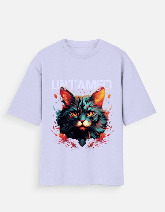 goAt kart unisex oversized streetwear t-shirt with colorful cat graphic on light purple fabric