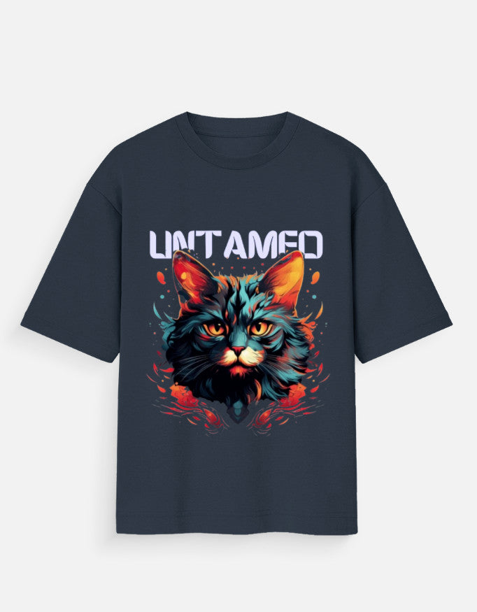 goAt kart unisex oversized streetwear t-shirt with colorful untamed cat graphic on navy blue fabric