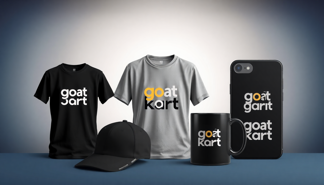 customized t shirts, caps, mugs and phone covers add letter "goAt kart " logo on it, make background look attractive to readers