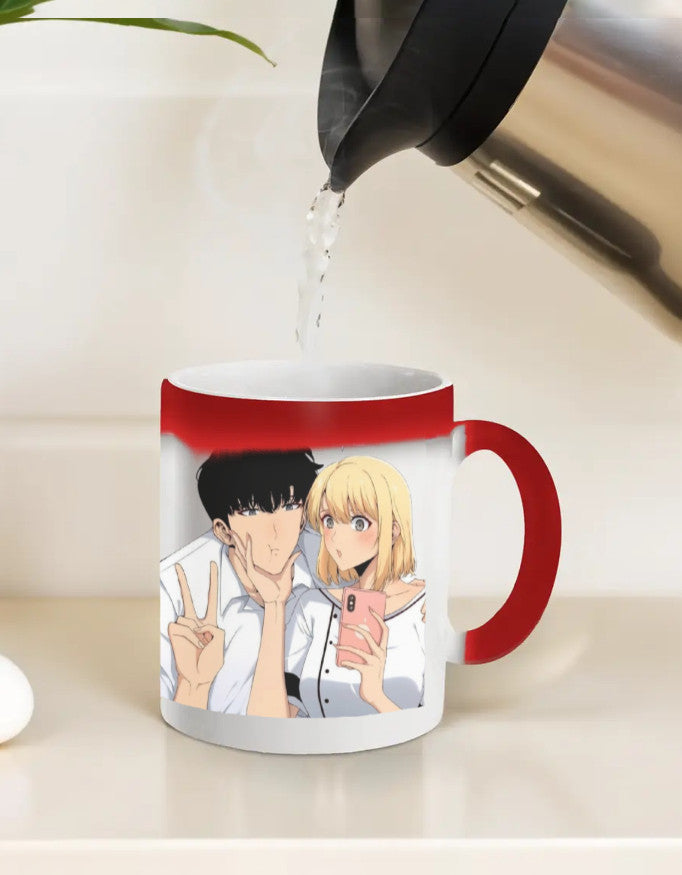GoAt Kart anime-themed color changing mug with red handle and rim, featuring a couple taking a selfie