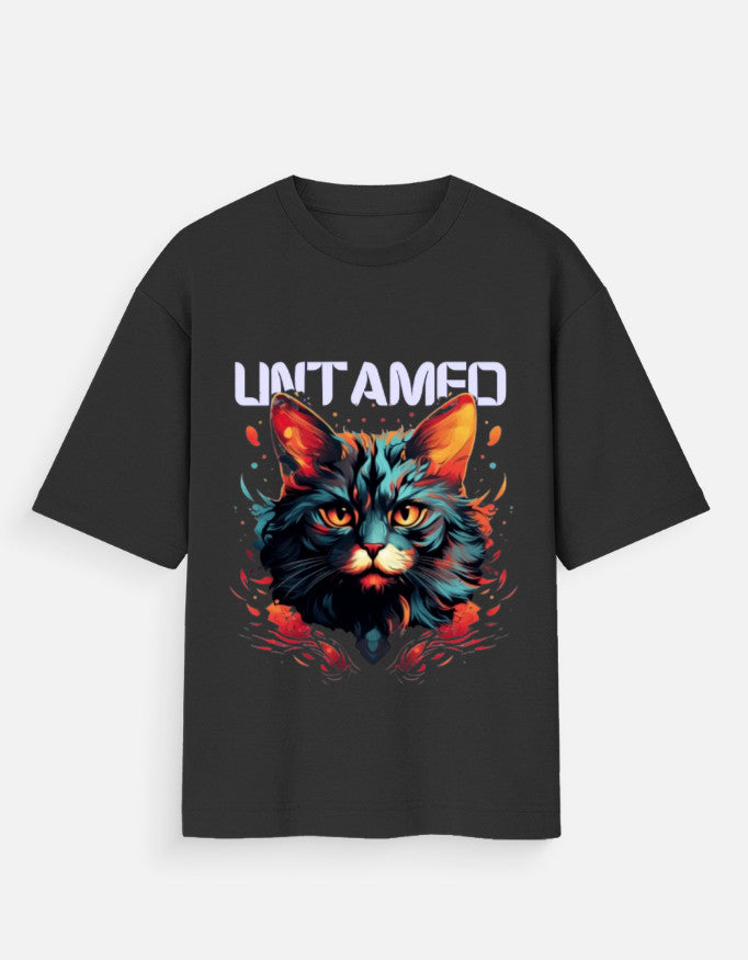 goAt kart unisex oversized streetwear t-shirt with colorful cat graphic design on black fabric
