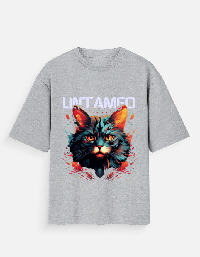 Gray unisex oversized streetwear t-shirt by goAt kart with colorful cat graphic and bold design