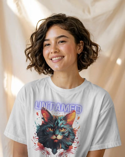 Unisex oversized streetwear t-shirt by goAt kart featuring colorful cat graphic and united text
